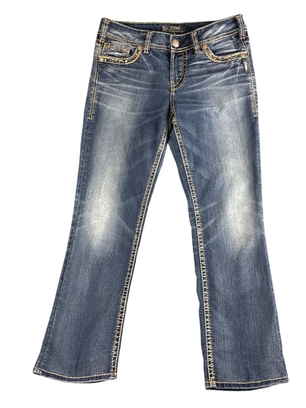 Silver Jeans Suki Mid Slim Boot W29 L31 Sequins Stretch Denim Blue Jeans Glam